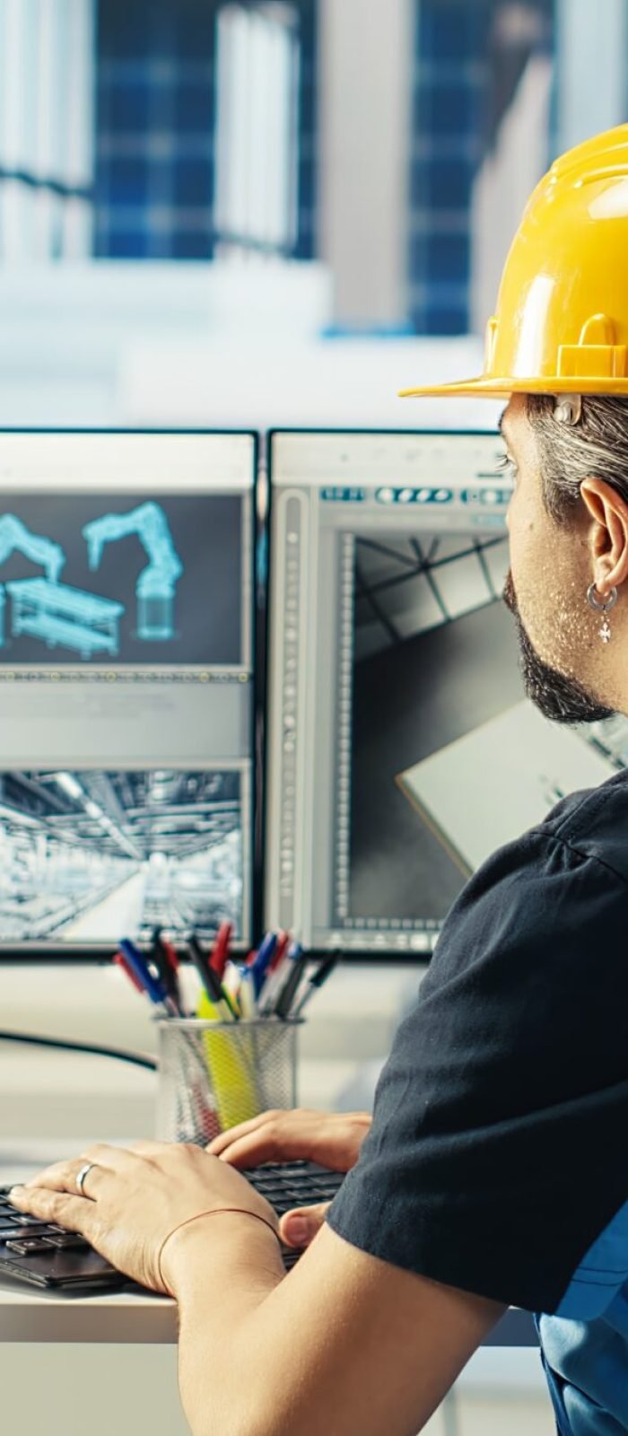 Photovoltaics factory engineer using PC to test robot arms placing solar panels on assembly lines. Professional sitting at computer desk inspecting solar plant heavy machinery units, camera B